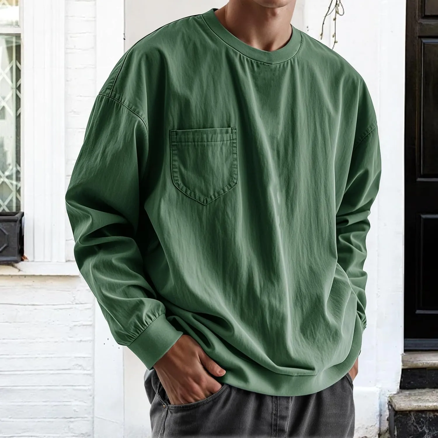 Mens Long Sleeve Oversized Tshirts 2025 Crewneck Classic Round Neck T-Shirt Casual Distressed Washed Tops with Pocket