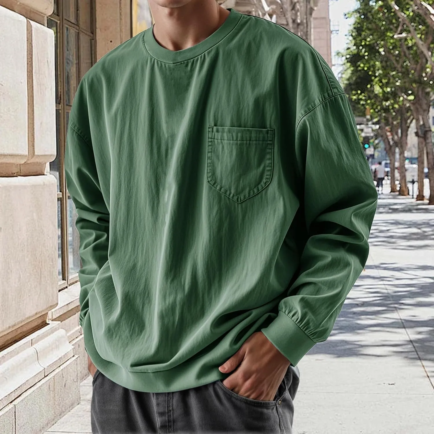 Mens Long Sleeve Oversized Tshirts 2025 Crewneck Classic Round Neck T-Shirt Casual Distressed Washed Tops with Pocket
