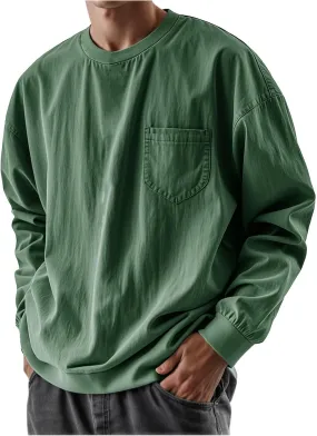 Mens Long Sleeve Oversized Tshirts 2025 Crewneck Classic Round Neck T-Shirt Casual Distressed Washed Tops with Pocket