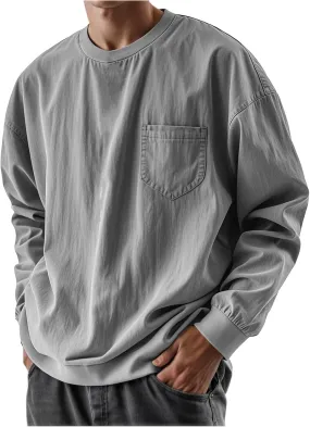 Mens Long Sleeve Oversized Tshirts 2025 Crewneck Classic Round Neck T-Shirt Casual Distressed Washed Tops with Pocket