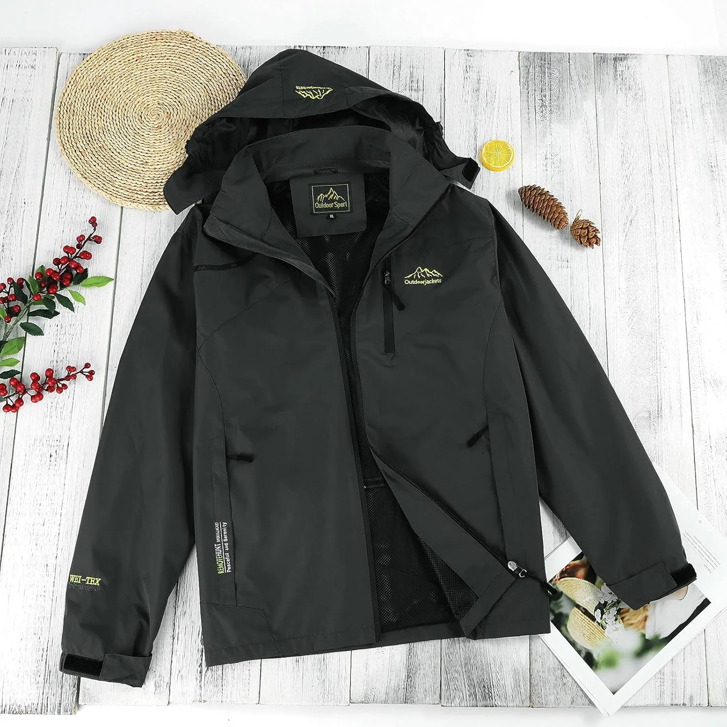 Men's Outdoor Waterproof Jacket Lightweight Zipper Hooded Coat Hiking Travel Windbreaker Outwear Trench Coat