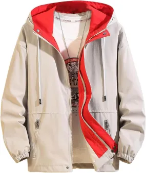 Mens Oversized Jacket 2024 Autumn Winter Fashion Color Matching Coat Outdoor Hiking Zip up Hooded Sports Windbreaker