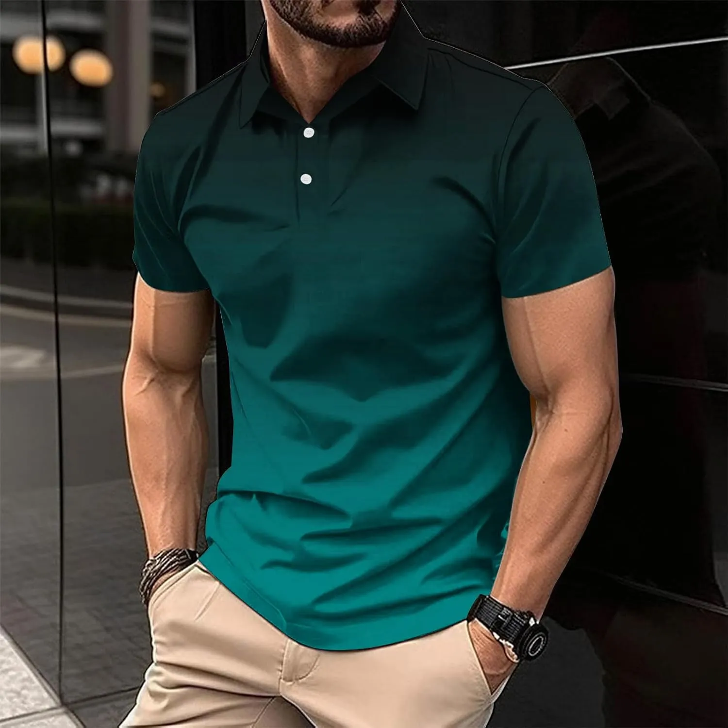 Men's Polo Shirts Fashion Gradient Color Short Sleeve Pullover Casual Lightweight Golf T Shirt Lapel Blouse