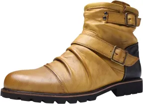 Mens Retro Ankle Boots with Double Buckle Strap Cool Leather Boots with Arch Support Men Round Toe High Top Dress Shoes Non Slip Comfortable Motorcycle Shoes Waterproof Durable Leather Shoe