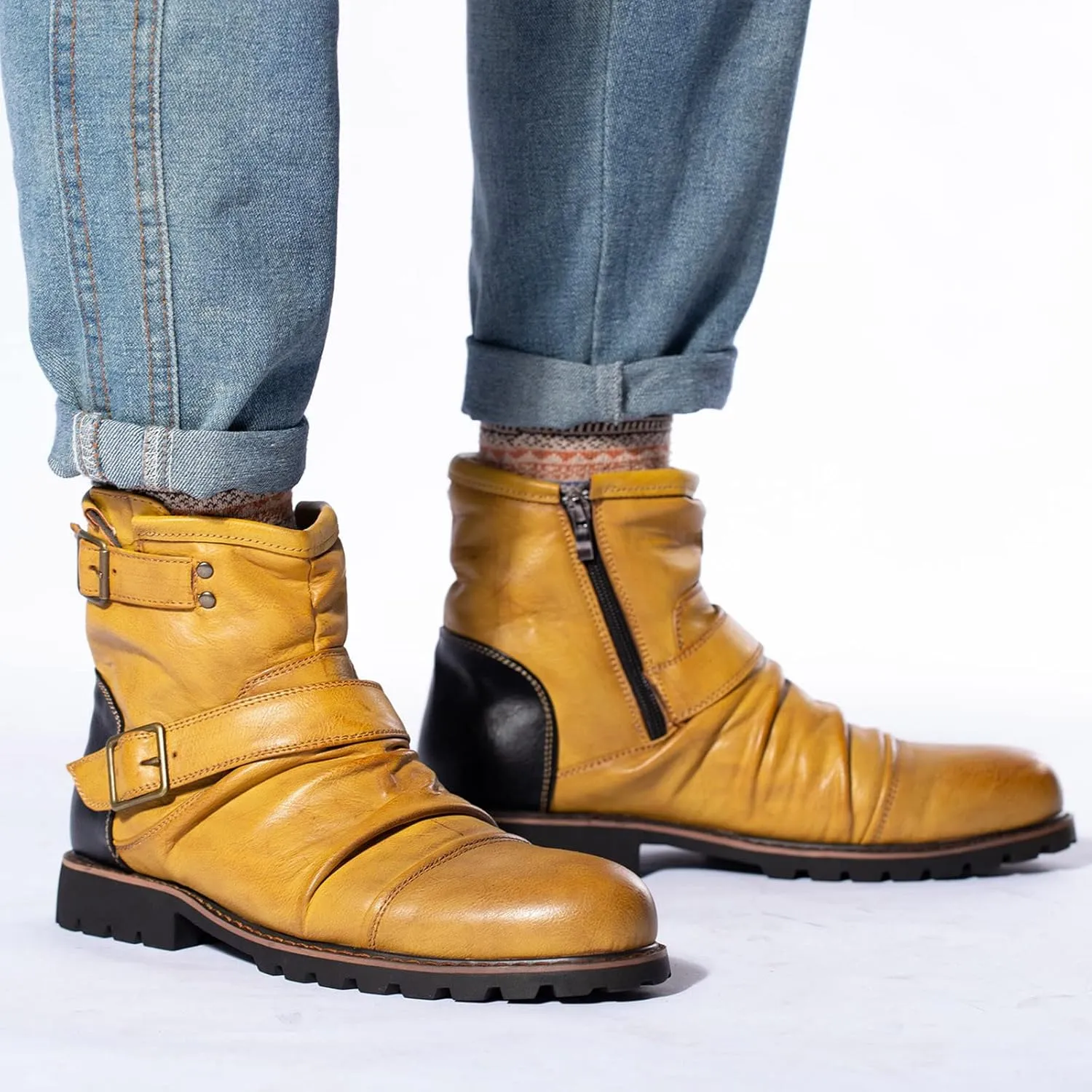 Mens Retro Ankle Boots with Double Buckle Strap Cool Leather Boots with Arch Support Men Round Toe High Top Dress Shoes Non Slip Comfortable Motorcycle Shoes Waterproof Durable Leather Shoe