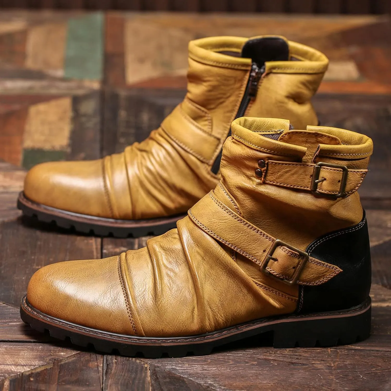 Mens Retro Ankle Boots with Double Buckle Strap Cool Leather Boots with Arch Support Men Round Toe High Top Dress Shoes Non Slip Comfortable Motorcycle Shoes Waterproof Durable Leather Shoe
