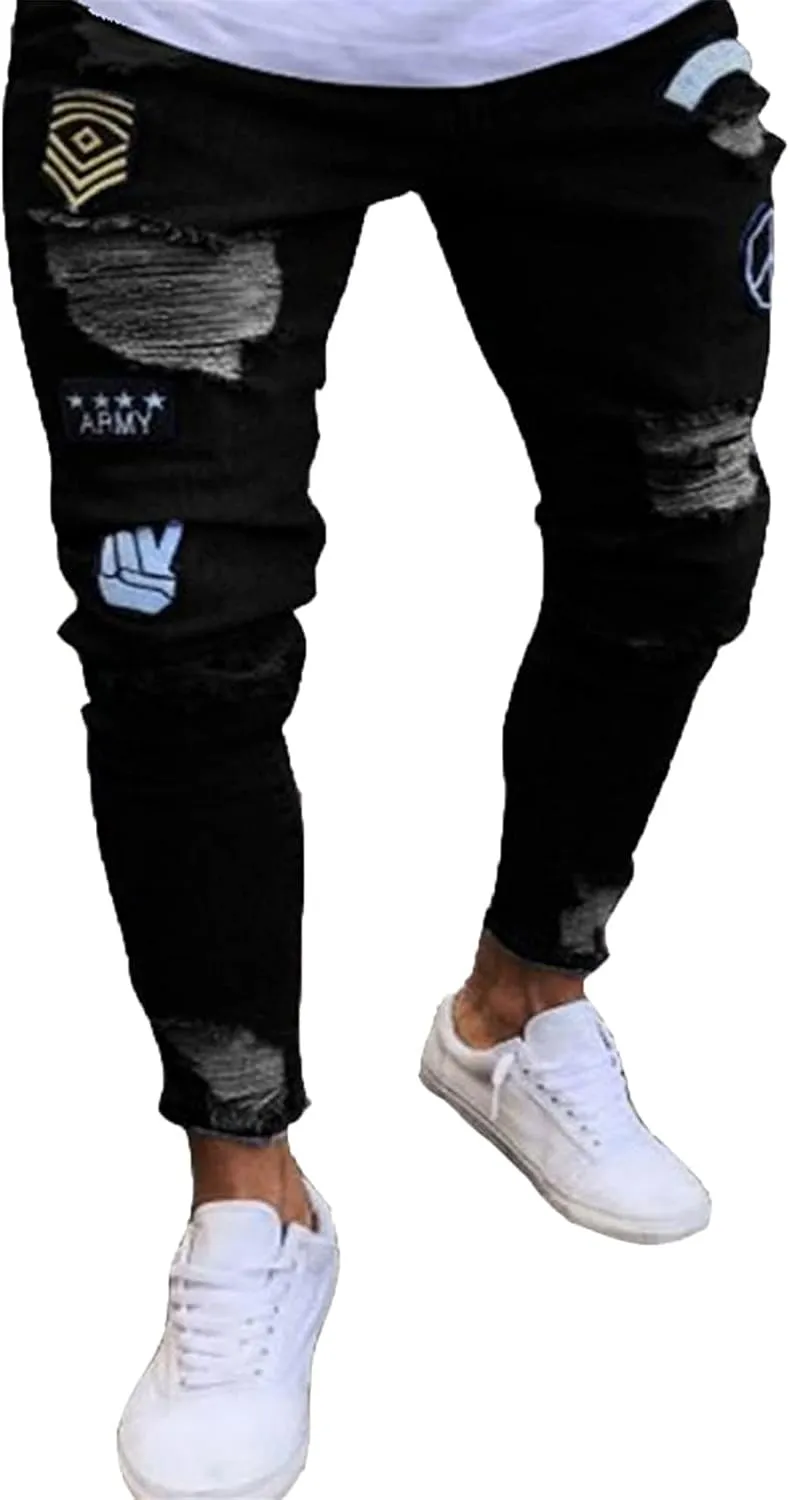 Men's Slim fit Skinny Jeans Ripped Tapered Biker Jeans Pants Distressed Destroyed Ripped Holes Denim Pants