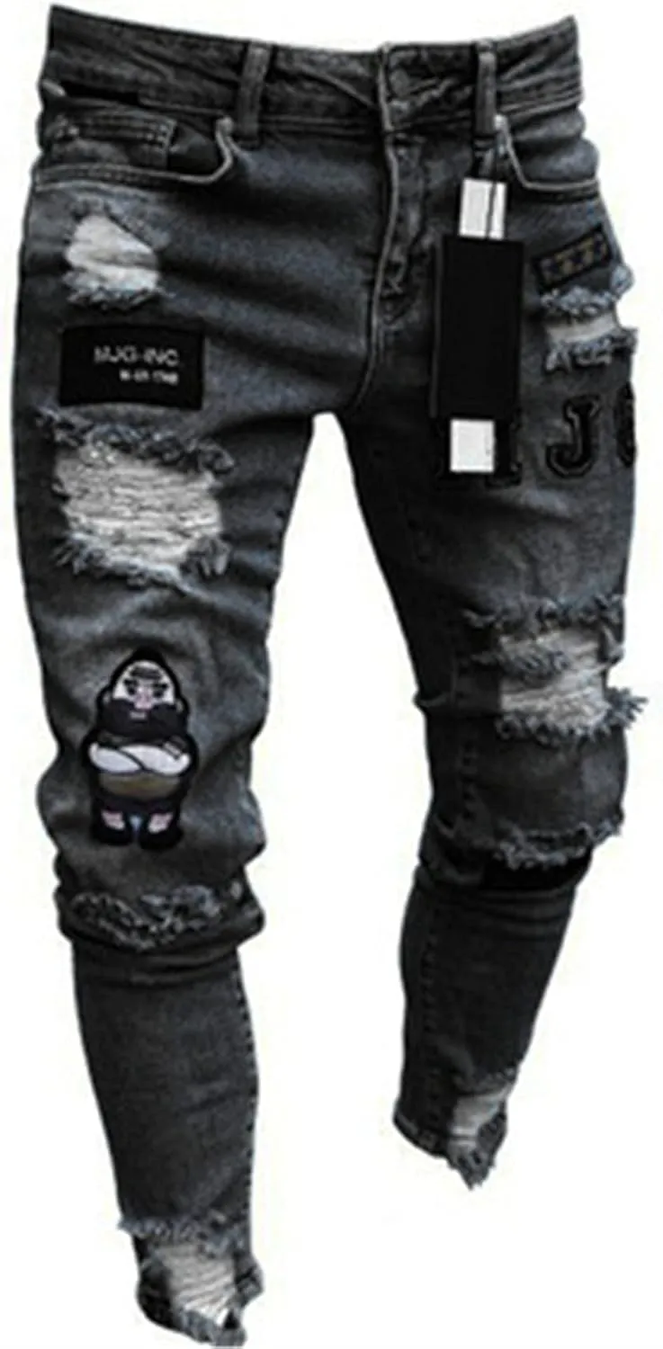 Men's Slim fit Skinny Jeans Ripped Tapered Biker Jeans Pants Distressed Destroyed Ripped Holes Denim Pants