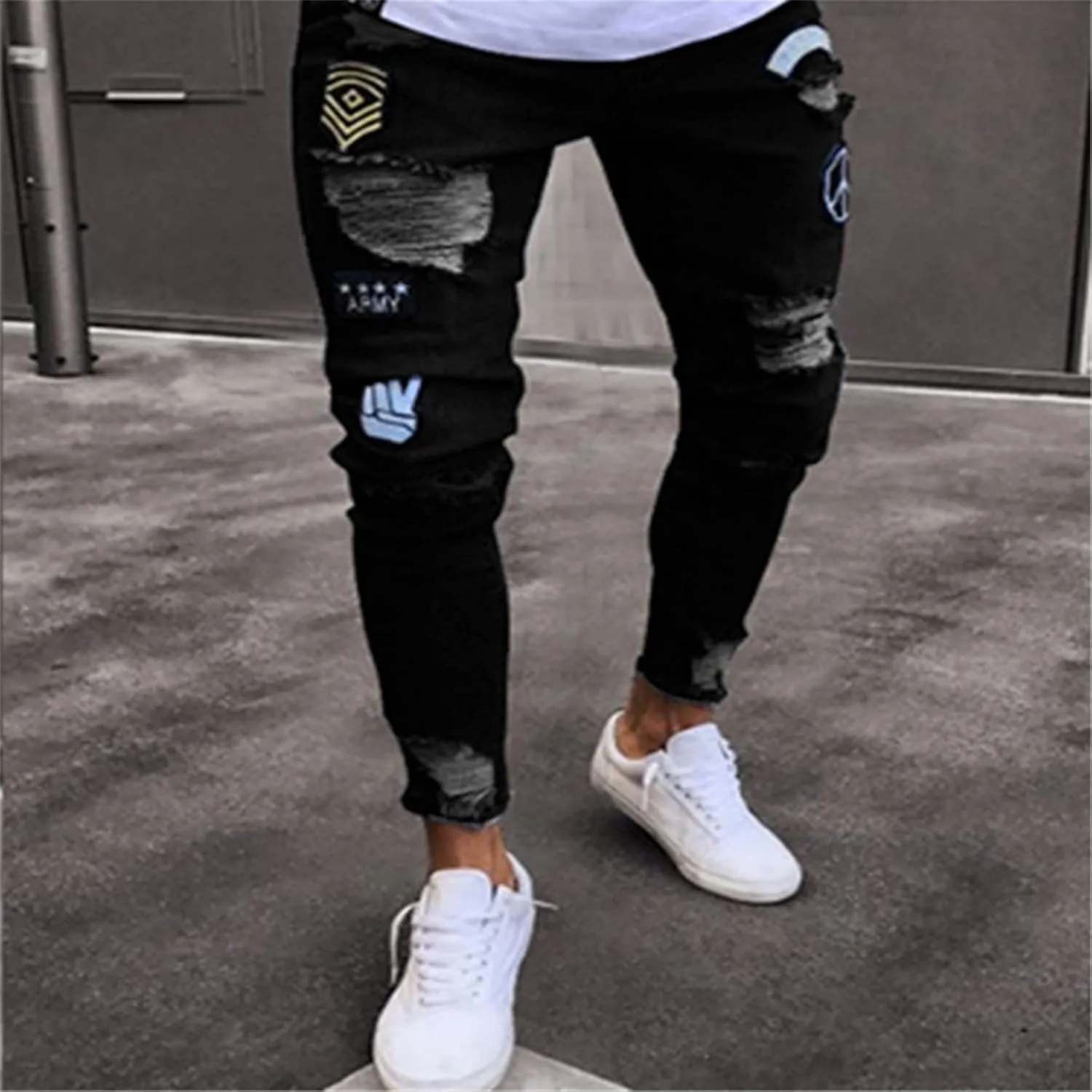 Men's Slim fit Skinny Jeans Ripped Tapered Biker Jeans Pants Distressed Destroyed Ripped Holes Denim Pants