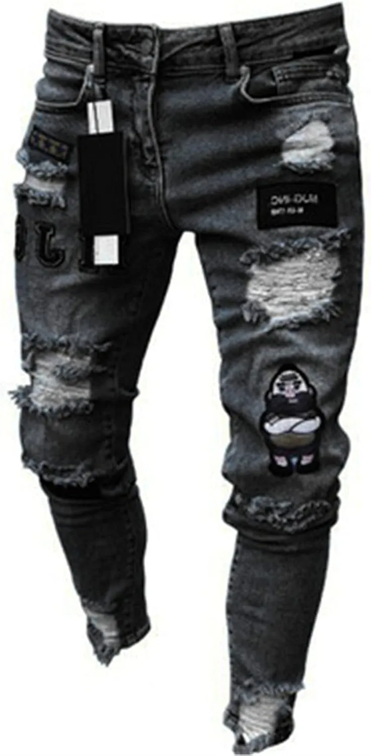 Men's Slim fit Skinny Jeans Ripped Tapered Biker Jeans Pants Distressed Destroyed Ripped Holes Denim Pants