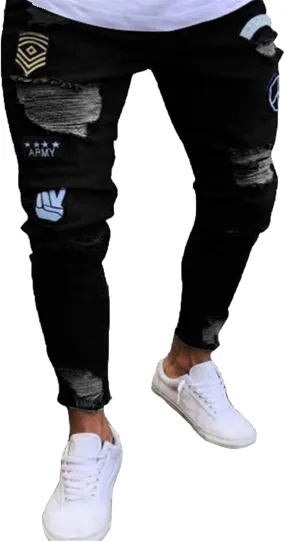 Men's Slim fit Skinny Jeans Ripped Tapered Biker Jeans Pants Distressed Destroyed Ripped Holes Denim Pants