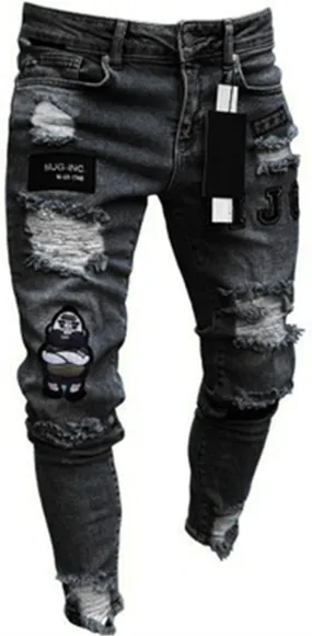 Men's Slim fit Skinny Jeans Ripped Tapered Biker Jeans Pants Distressed Destroyed Ripped Holes Denim Pants