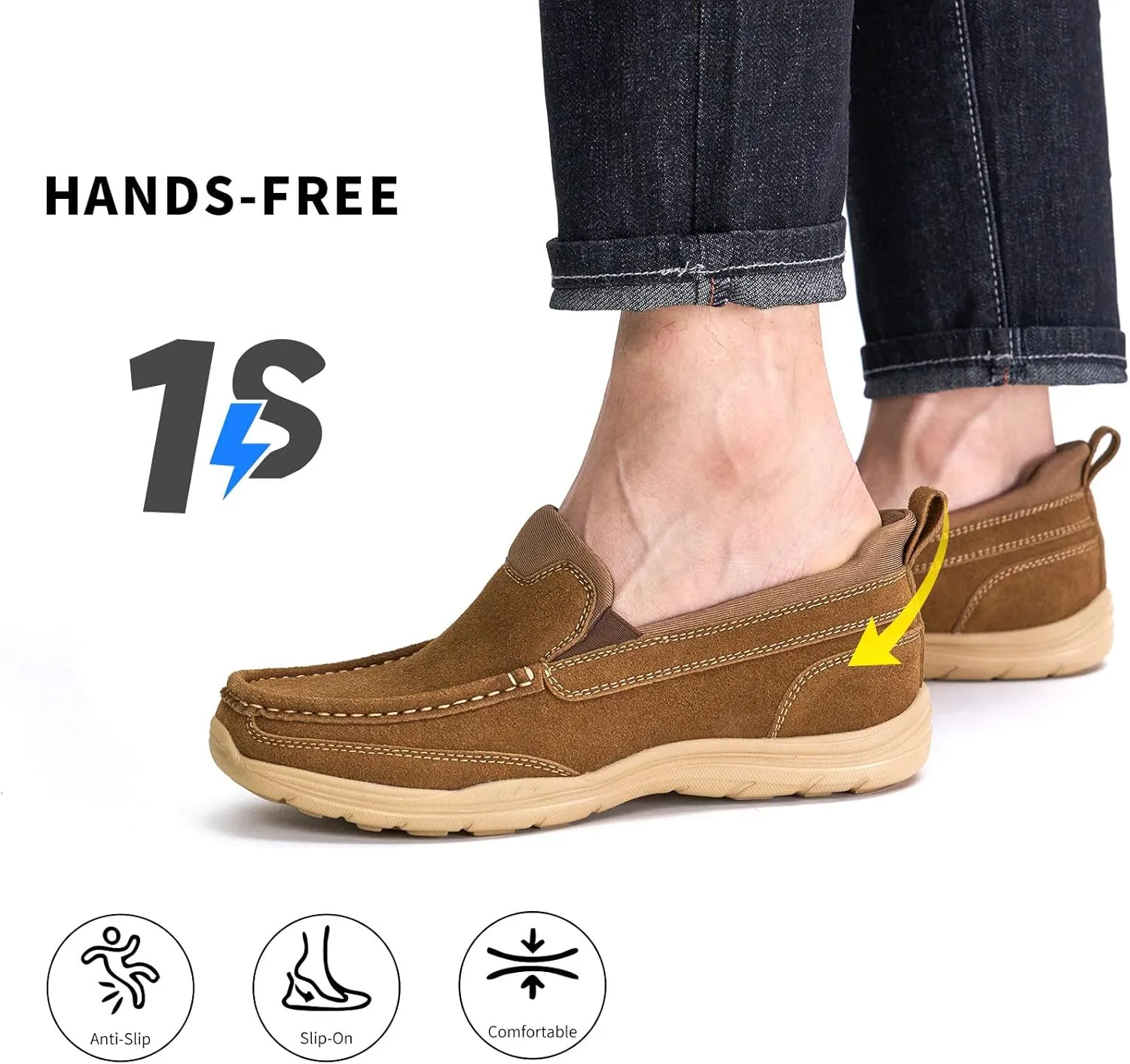 Mens Slip On Loafers Casual Hands Free Slip in Shoes Step in Walking Leather Shoes for Men with Breathable Comfort