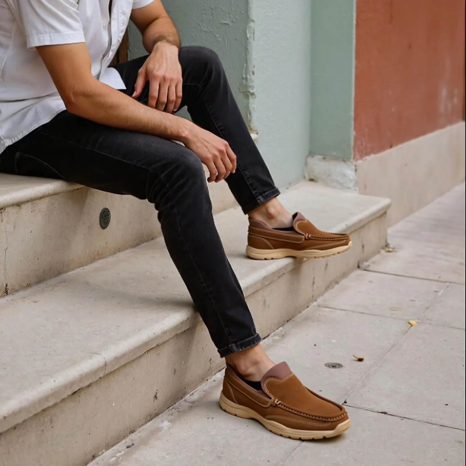 Mens Slip On Loafers Casual Hands Free Slip in Shoes Step in Walking Leather Shoes for Men with Breathable Comfort