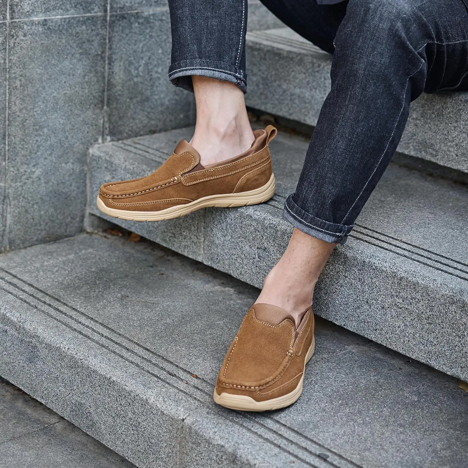 Mens Slip On Loafers Casual Hands Free Slip in Shoes Step in Walking Leather Shoes for Men with Breathable Comfort
