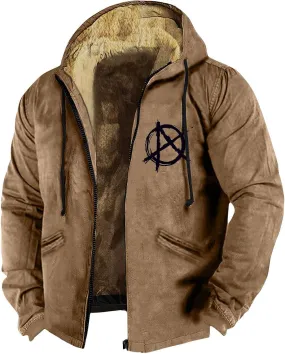 Men's Solid Color Flag Print Fleece Jacket Winter Casual Trend Zipper Hooded Coat Heavy Work Warm Outerwear