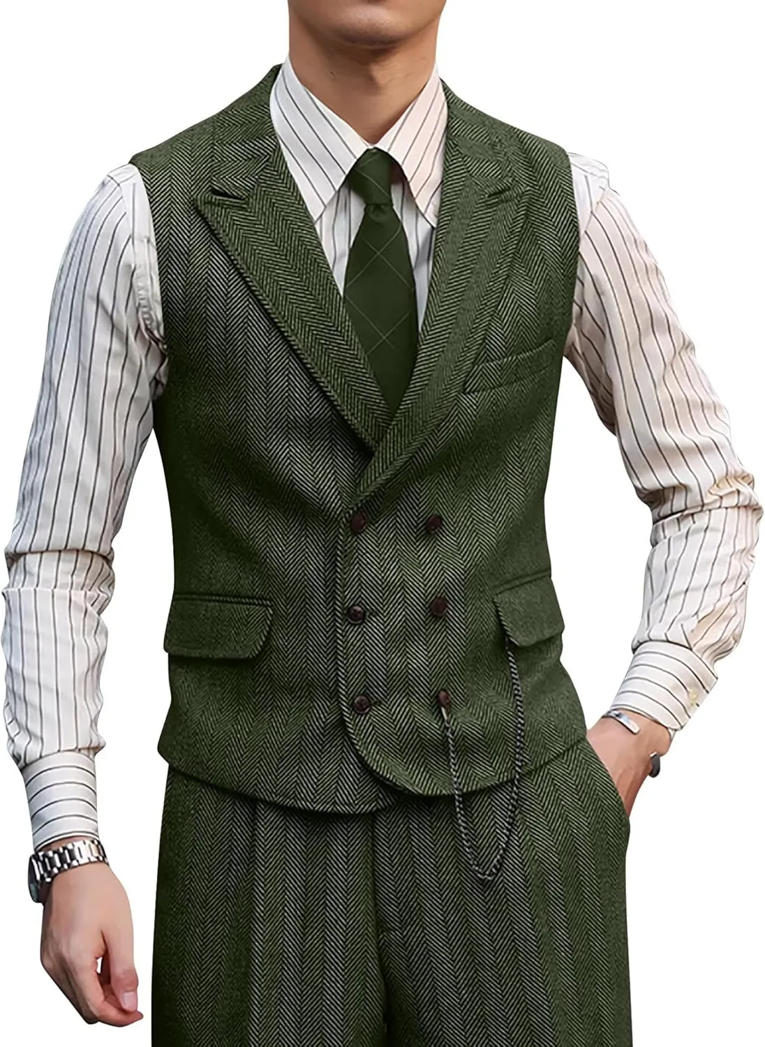 Mens Suit 3 Piece Tweed Herringbone Tuxedo Suit Wedding Suits for Mens Blazer Jacket Double Breasted Vest Pants Set