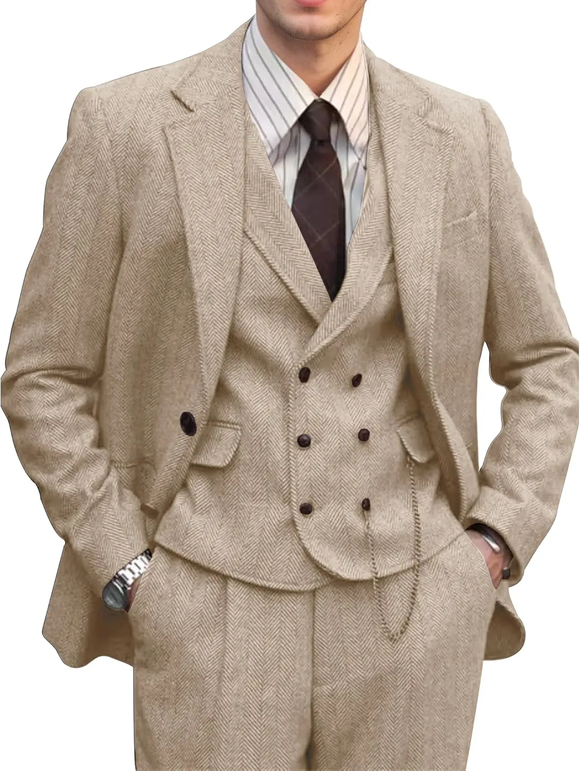 Mens Suit 3 Piece Tweed Herringbone Tuxedo Suit Wedding Suits for Mens Blazer Jacket Double Breasted Vest Pants Set