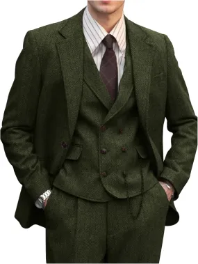 Mens Suit 3 Piece Tweed Herringbone Tuxedo Suit Wedding Suits for Mens Blazer Jacket Double Breasted Vest Pants Set