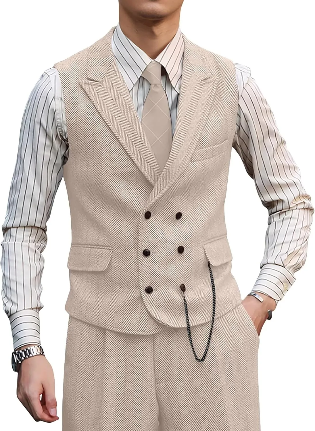Mens Suit 3 Piece Tweed Herringbone Tuxedo Suit Wedding Suits for Mens Blazer Jacket Double Breasted Vest Pants Set