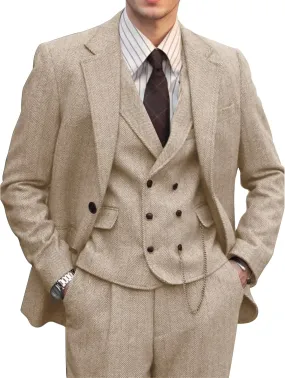 Mens Suit 3 Piece Tweed Herringbone Tuxedo Suit Wedding Suits for Mens Blazer Jacket Double Breasted Vest Pants Set
