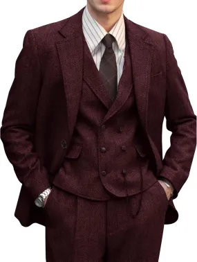 Mens Suit 3 Piece Tweed Herringbone Tuxedo Suit Wedding Suits for Mens Blazer Jacket Double Breasted Vest Pants Set
