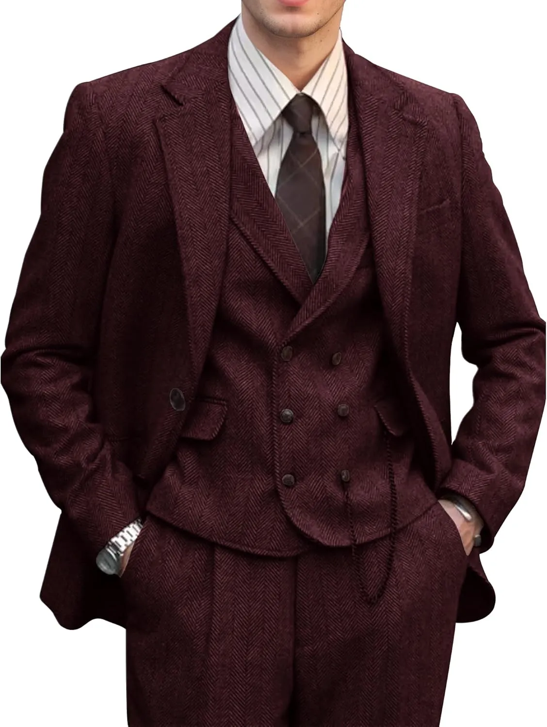 Mens Suit 3 Piece Tweed Herringbone Tuxedo Suit Wedding Suits for Mens Blazer Jacket Double Breasted Vest Pants Set