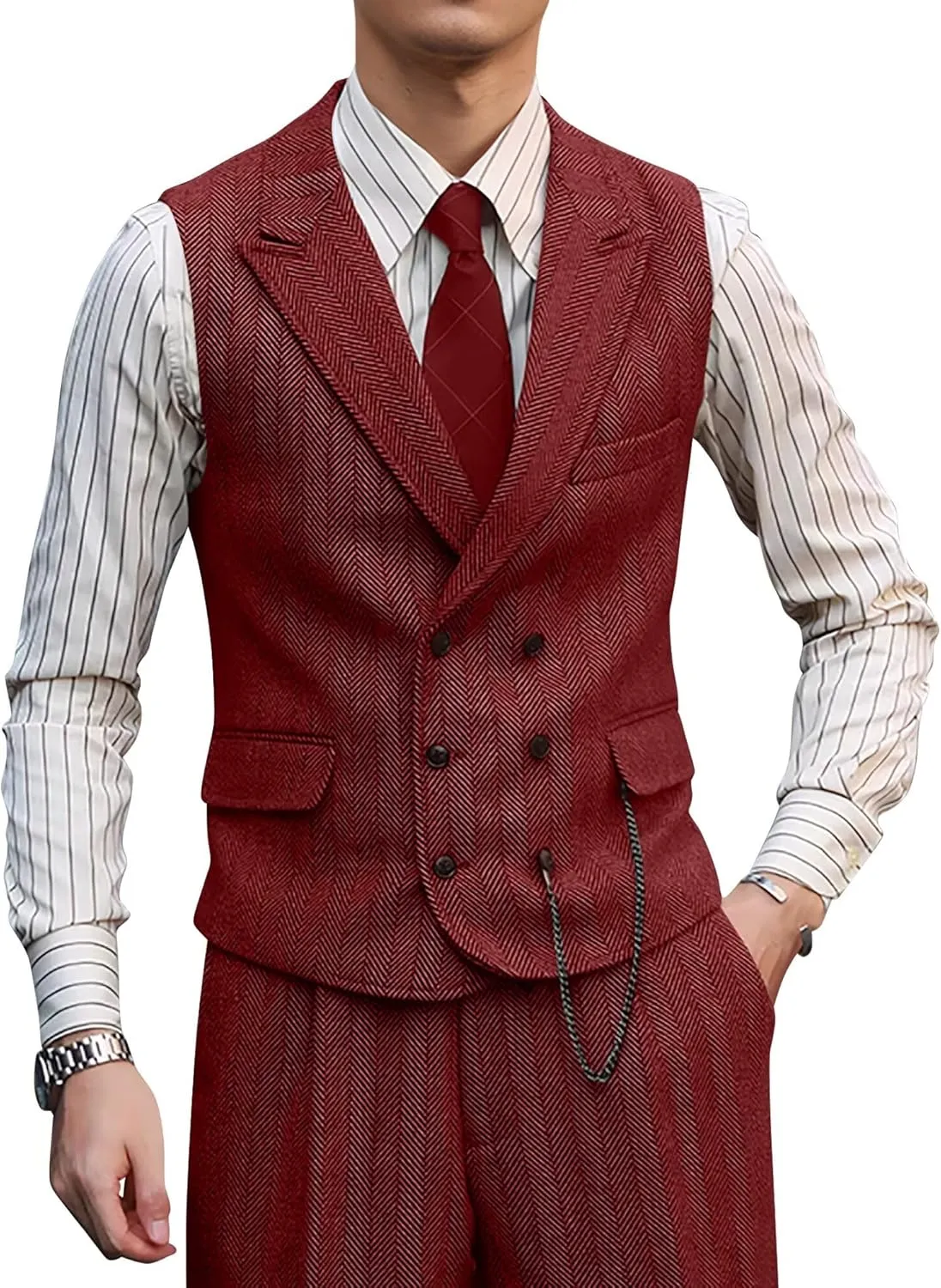 Mens Suit 3 Piece Tweed Herringbone Tuxedo Suit Wedding Suits for Mens Blazer Jacket Double Breasted Vest Pants Set
