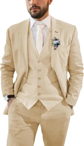 Mens Suit for Wedding 3 Pieces Linen Suits for Men Summer Beach Wedding Mens Slim Fit Suit for Groom
