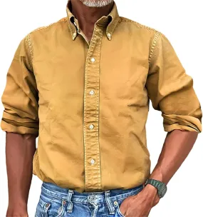 Mens Vintage Washed Long Sleeve Button Down Shirts Classic Lapel Solid Colors for Business or Casual Wear
