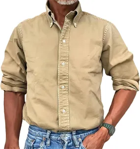 Mens Vintage Washed Long Sleeve Button Down Shirts Classic Lapel Solid Colors for Business or Casual Wear