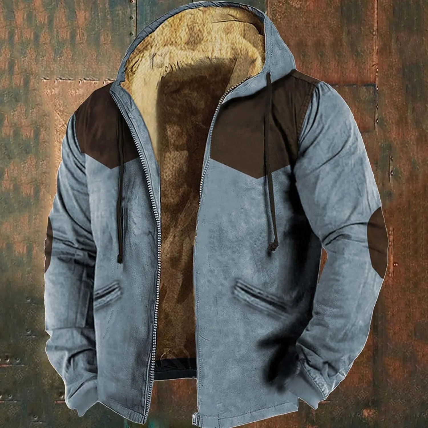 Mens Winter Coat Heavyweight Sherpa Fleece Lined Warm Hoodies Retro Full Zip Thick Winter Jackets with Zipper Pockets