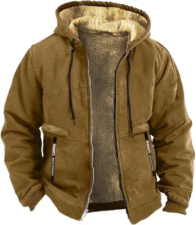 Mens Winter Coat Heavyweight Sherpa Fleece Lined Warm Hoodies Retro Full Zip Thick Winter Jackets with Zipper Pockets