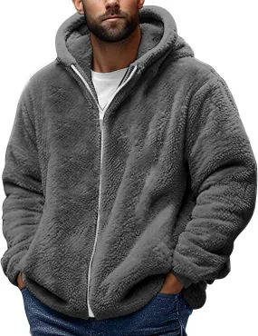 Men's Winter Hoodies Sherpa Fleece Jacket Warm Lightweight Plush Fuzzy Sweatshirt Zip Up Outwear Faux Fur Fluffy Coat