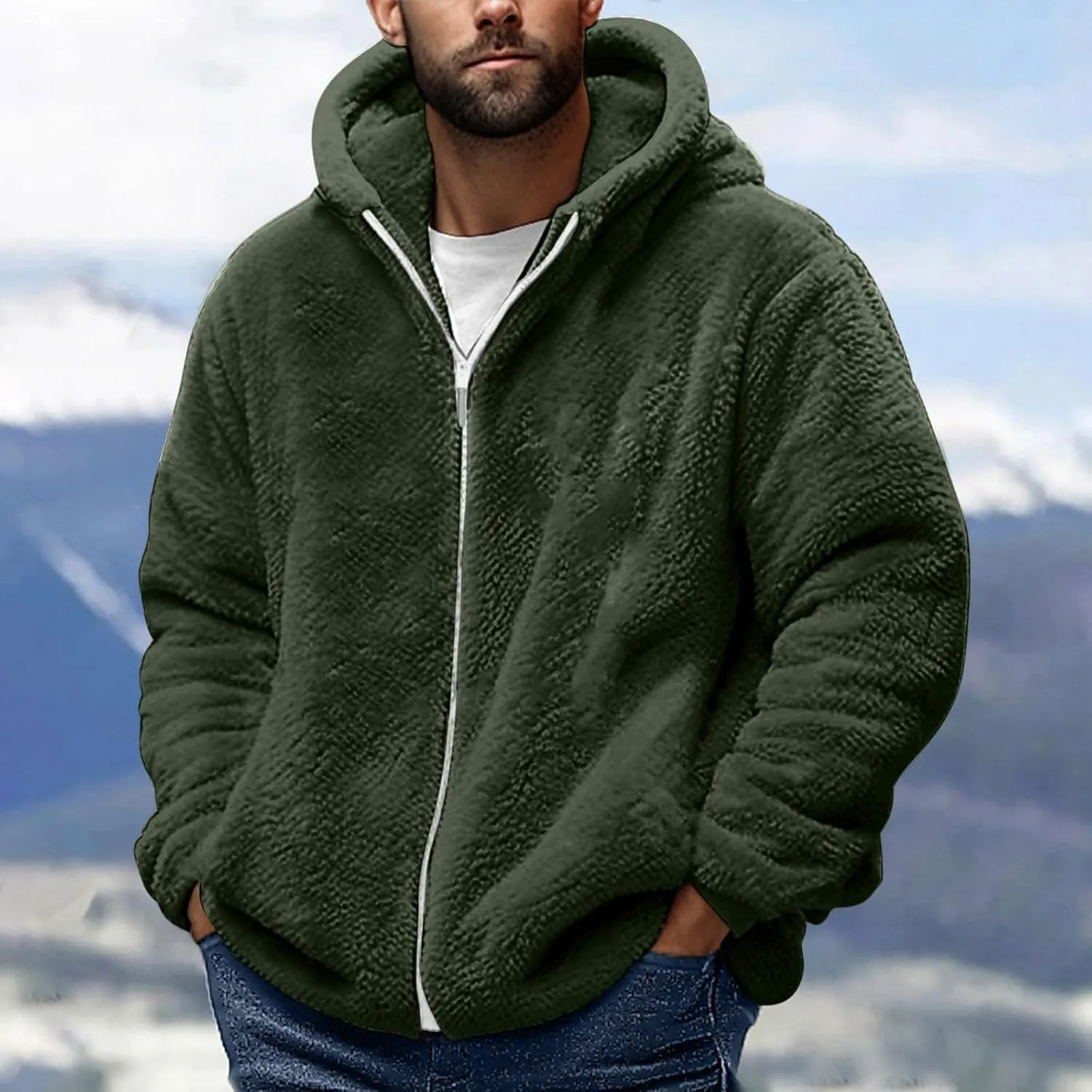 Men's Winter Hoodies Sherpa Fleece Jacket Warm Lightweight Plush Fuzzy Sweatshirt Zip Up Outwear Faux Fur Fluffy Coat