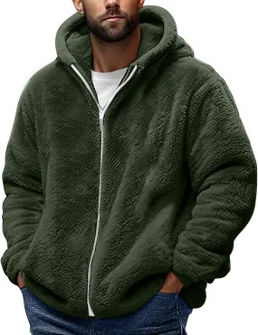 Men's Winter Hoodies Sherpa Fleece Jacket Warm Lightweight Plush Fuzzy Sweatshirt Zip Up Outwear Faux Fur Fluffy Coat