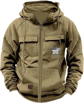 Men's Zip Up Cargo Hoodies USA Flag Printed Long Sleeve Drawstring Hooded Sweatshirts Classic Fit Vintage Jackets