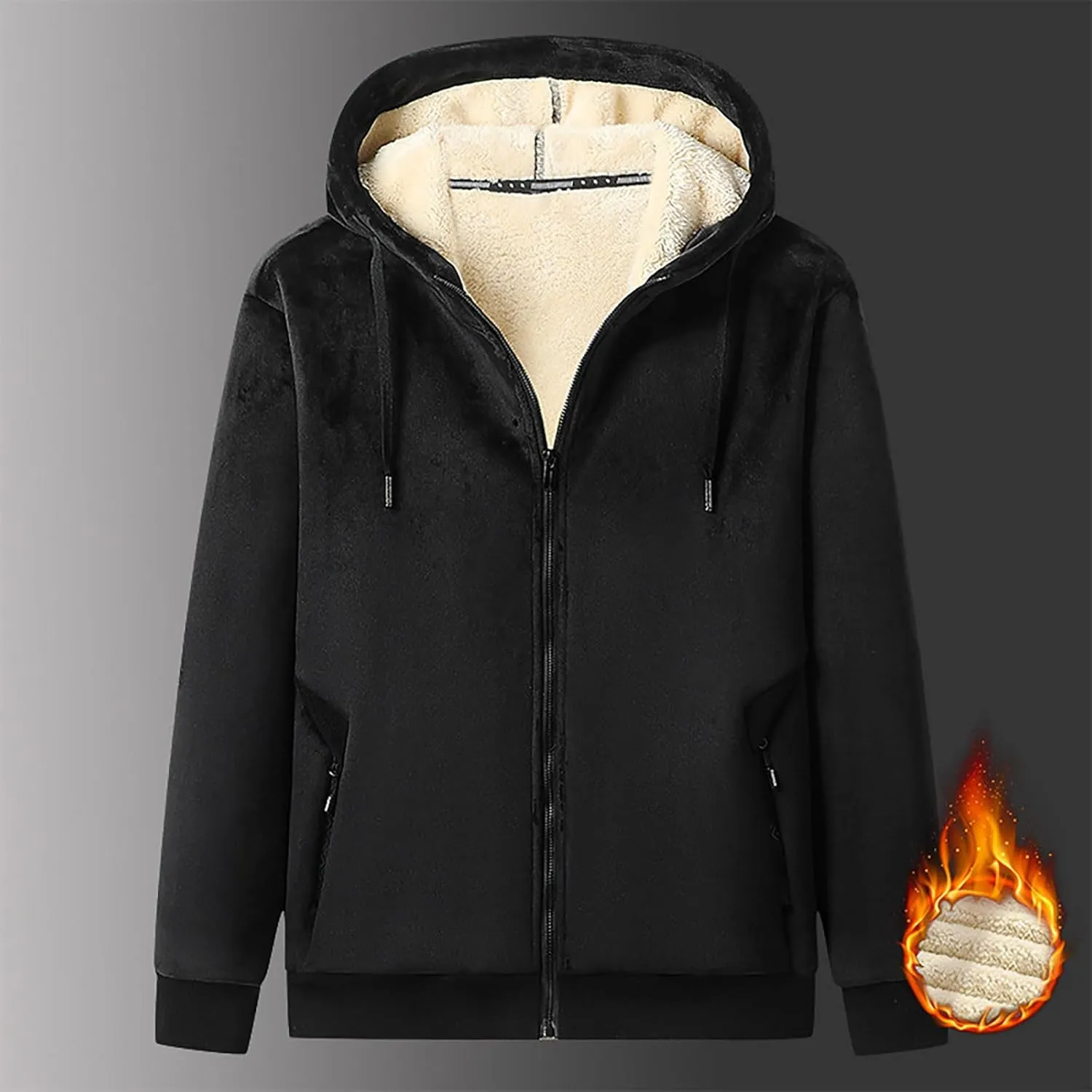 Men's Zip up Hoodie Warm Sherpa Fleece Lined Winter Jackets Casual Long Sleeve Hooded Drawstring Coats with Pockets