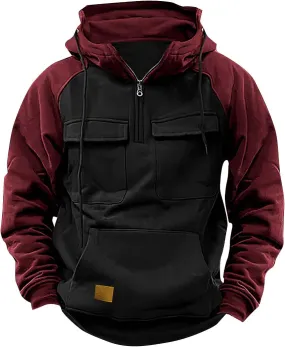 Muscularfit Mens Big and Tall Hoodies Casual Long Sleeve Multi Pockets Cargo Quarter Zip Pullover Sweatshirt Drawstring Shirt