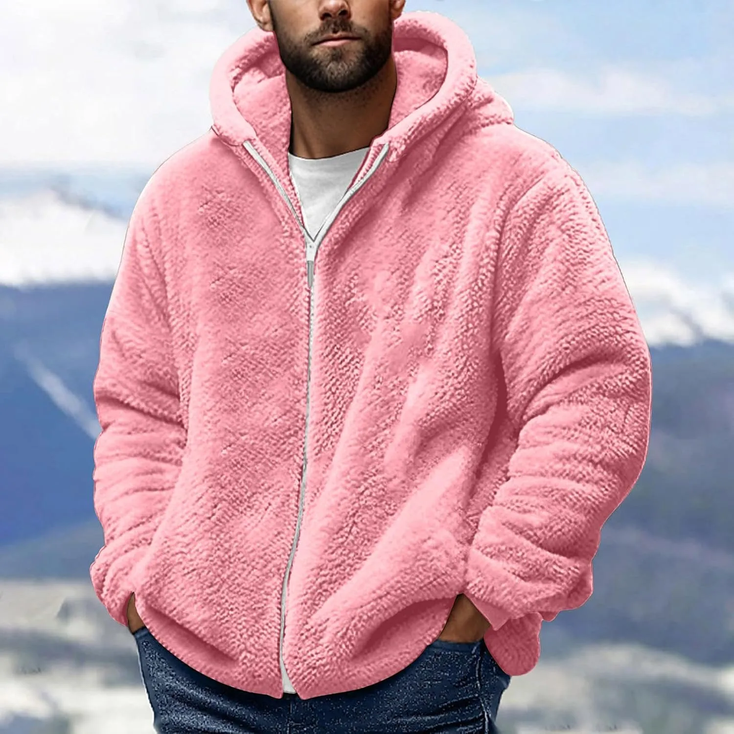 Muscularfit Men's Fuzzy Sherpa Jackets Full Zip fleece Coat Heavyweight Winter Warm Jackets Trendy Solid Relaxed Hoodies Coat