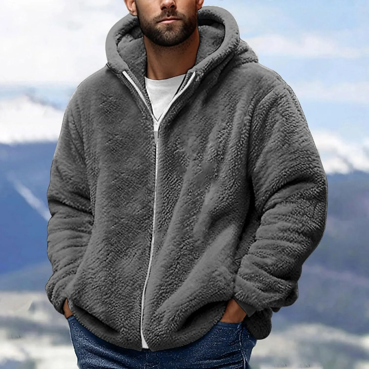 Muscularfit Men's Fuzzy Sherpa Jackets Full Zip fleece Coat Heavyweight Winter Warm Jackets Trendy Solid Relaxed Hoodies Coat