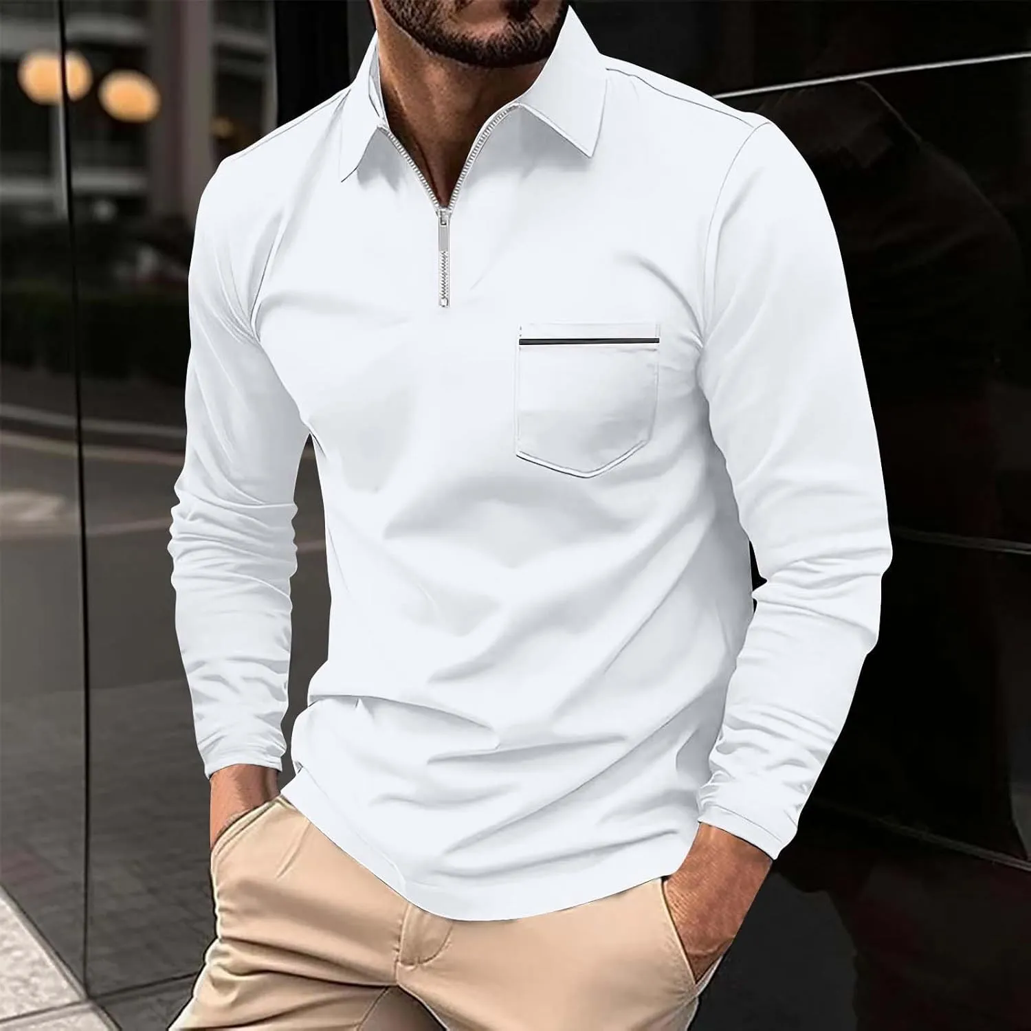 Muscularfit Men's Polo Shirts Long Sleeve Zipper Golf Shirt Lightweight Solid Collared Tshirt Causal Pullover Tops Henley Tee
