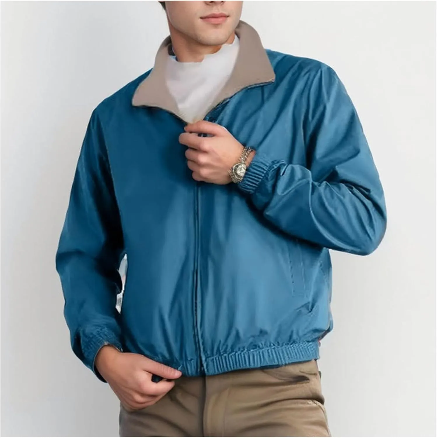 Reversible Jackets for Men Lightweight Pure Color Jackets Long Sleeve Stretch Hem Zip Up Soft Windbreaker Jackets