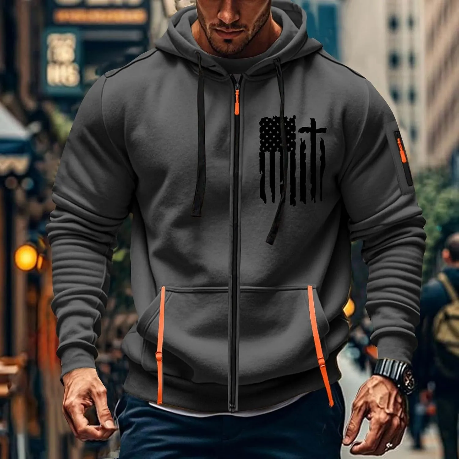 Sweatshirt Mens Zip Athletic Fashion Military Drawstring Mens Sweatshirts Stylish Gym Hoodie with Pockets