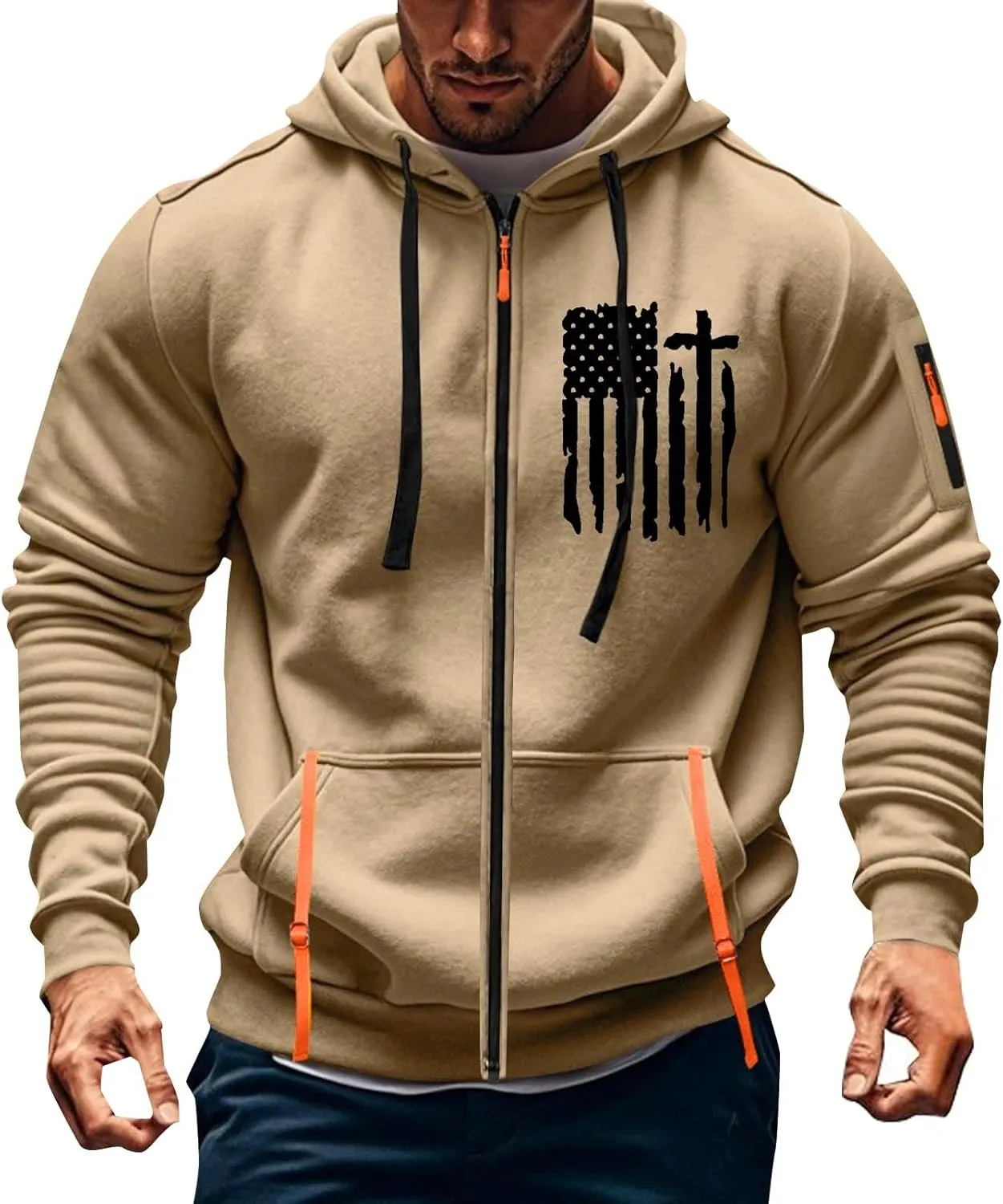 Sweatshirt Mens Zip Athletic Fashion Military Drawstring Mens Sweatshirts Stylish Gym Hoodie with Pockets