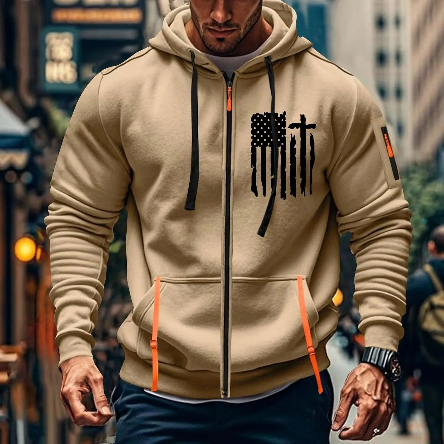 Sweatshirt Mens Zip Athletic Fashion Military Drawstring Mens Sweatshirts Stylish Gym Hoodie with Pockets
