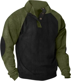 Sweatshirts for Men No Hood Causal Fashion Corduroy Quarter Button Sweatshirts Regular Fit Color Block Shirts Outdoor