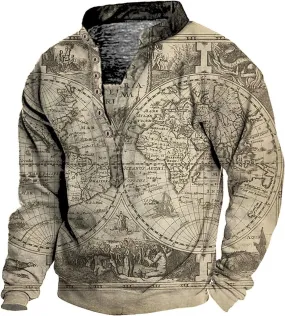 Vintage T Shirts for Men V-Neck Sweater 3D Digital Printing Stand Collar 6 Button Vintage Collar