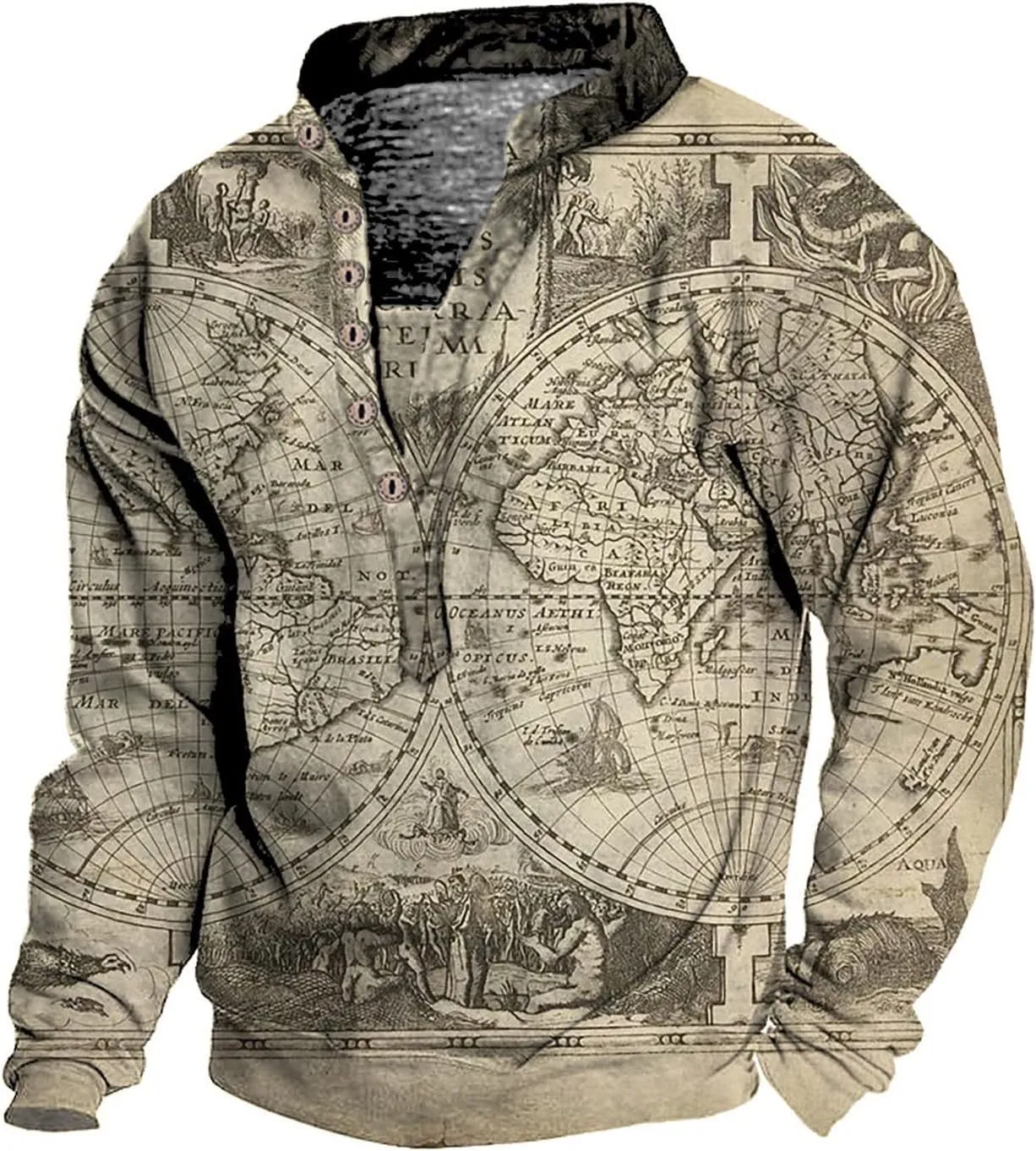 Vintage T Shirts for Men V-Neck Sweater 3D Digital Printing Stand Collar 6 Button Vintage Collar