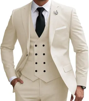 Wangyue Men's Suit 3 Piece Slim Fit Suit Double Breasted Vest Suit for Wedding Prom Party Dinner